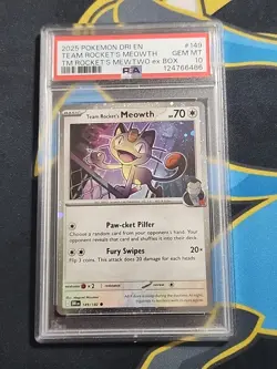2025 Pokemon Destin Rivals Team Rocket's Meowth #149 PSA 10 from Mewtwo ex box - Image 1