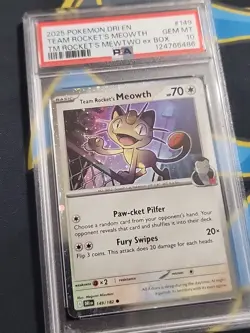 2025 Pokemon Destin Rivals Team Rocket's Meowth #149 PSA 10 from Mewtwo ex box - Image 2
