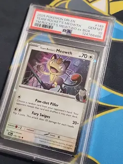 2025 Pokemon Destin Rivals Team Rocket's Meowth #149 PSA 10 from Mewtwo ex box - Image 3