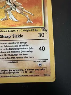 Pokemon Kabutops 9/62 Fossil Holo Rare Stage 2 60 HP Card English 1999 - Image 4