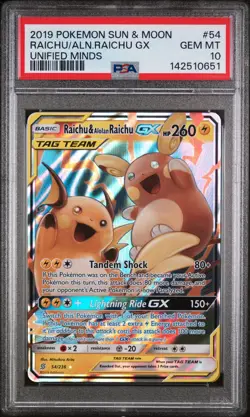 Raichu/Aln.Raichu Gx Pokemon Sun & Moon Unified Minds 54 NM PSA 10 - Image 1