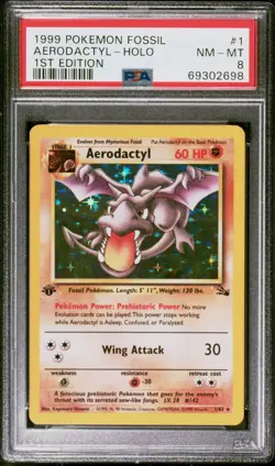 Pokemon 1999 1st Edition Fossil Aerodactyl Holo #1 PSA 8 - Image 1