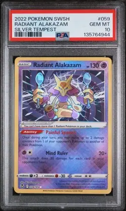 2022 POKEMON SWORD & SHIELD SILVER TEMPEST #059 RADIANT ALAKAZAM PSA 10 - Image 1