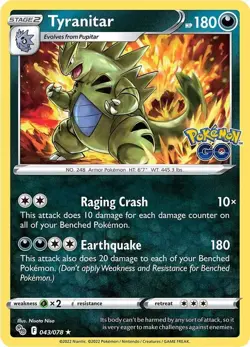 Tyranitar Reverse Holofoil Holo Rare Pokemon GO 043/078 NM - Image 1