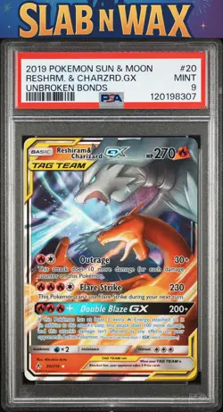 Pokemon tcg 2019 Sun & Moon Unbroken Bonds Reshrm. & Charzrd.Gx #20 PSA 9 - Image 1