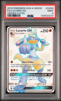 2019 POKEMON SUN & MOON HIDDEN FATES #SV64 FULL ART/LUCARIO GX PSA 9 - Image 1