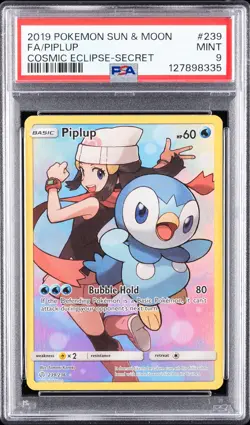 2019 POKEMON SUN & MOON COSMIC ECLIPSE SECRET #239 FULL ART/PIPLUP PSA 9 - Image 1