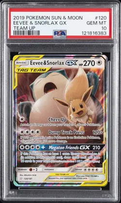 2019 POKEMON SUN & MOON TEAM UP #120 EEVEE & SNORLAX GX PSA 10 - Image 1