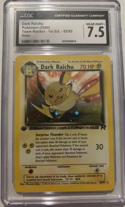 CGC 7.5 Near Mint Dark Raichu Team Rocket 1st Edition 83/82 Holo Pokemon Card - Image 1