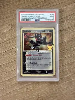 Pokemon Greninja Gold Star Celebrations ETB Black Star Holo Promo SWSH144 PSA 9 - Image 1