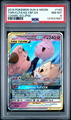 TOGEPI & CLEFFA & IGGLYBUFF GX 143/236 PSA 8 COSMIC ECLIPSE POKEMON CARD ENGLISH - Image 1