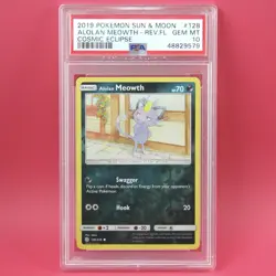 2019 Pokemon ALOLAN MEOWTH 128 Reverse Holo Cosmic Eclipse PSA 10 Gem Mint POP 4 - Image 1