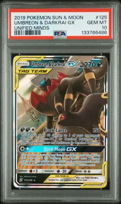 2019 POKEMON SUN & MOON UNIFIED MINDS #125 UMBREON & DARKRAI GX PSA 10 - Image 1