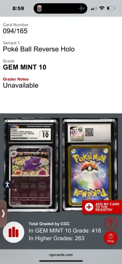 Gengar 094/165 - Pokemon Japanese - Sv2a 151 - Holo - CGC GEM Mint 10 - Image 2