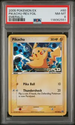 2005 POKEMON EX EMERALD #60 PIKACHU-REVERSE FOIL PSA 8 - Image 1