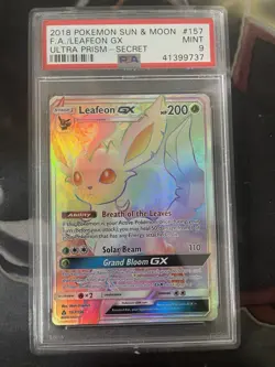 Pokemon Leafeon GX (Secret Rare) 157/156 Sm-Ultra Prism Holo PSA 9 - Image 1