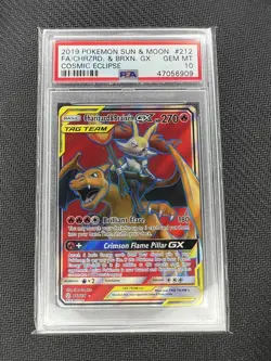 2019 Pokemon SM Cosmic Eclipse Charizard & Braixen Tag Team GX FA #212 PSA 10 - Image 1