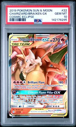 PSA 10 Charizard & Braixen GX 22/236 Cosmic Eclipse Tag Team 2019 Pokemon Card - Image 1
