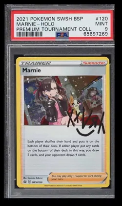 2021 Pokemon SWSH BSP Premium Tournament Coll. Marnie PSA 9 English #120 Holo - Image 1
