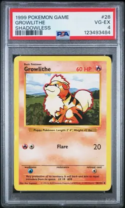 1999 POKEMON GAME GROWLITHE SHADOWLESS #28 PSA 4 - Image 1