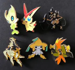 6 X Pokemon Pin Badge Metal Mythical Arceus Jirachi Celebi Victini Kleavor Tapu - Image 1
