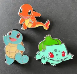 3 X Pokemon Pin Badge Charmander Squirtle Bulbasaur GO Kanto Starters 2021 - Image 1