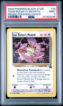 2000 POKEMON PROMO BLACK STAR POKEMON LEAGUE #18 TEAM ROCKET'S MEOWTH PSA 9 - Image 1