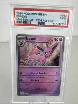 ESPEON 2025 POKEMON PRISMATIC MASTER BALL REVERSE HOLO RARE 33/131 PSA 9 - Image 1