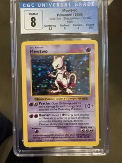 1999 Pokemon TCG Base Set Shadowless Mewtwo Holo Rare CGC 8 10/102 Card Stock - Image 1