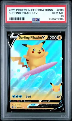 2021 Pokemon Celebrations #008 Surfing Pikachu V - PSA 10 - Image 1