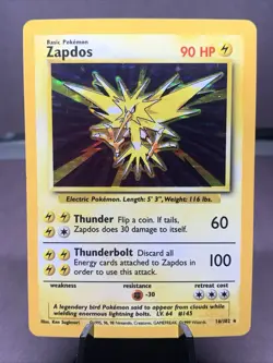 Pokemon TCG Zapdos 16/102 Base Set Unlimited Holo Rare WOTC VTG 1999 NM-/LP+ - Image 1