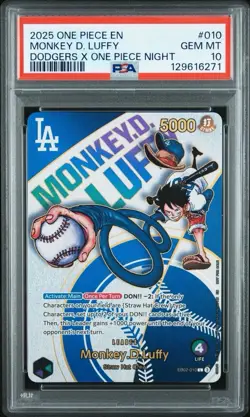 2025 One Piece # 010 Monkey D. Luffy Dodgers X One Piece Night PSA 10 GEM MINT! - Image 1