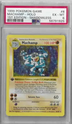 PSA 6 EX-MT Machamp 8/102 1st Edition Shadowless Base Set Pokemon Card TCG - Image 1