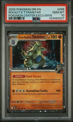 2025 POKEMON DESTINED RIVALS POKEMON CENTER #096 TEAM ROCKET'S TYRANITAR PSA 10 - Image 1