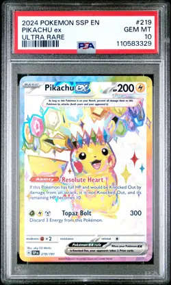 2024 POKEMON SSP EN-SURGING SPARKS ULTRA RARE #219 PIKACHU EX PSA 10 - Image 1