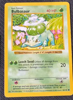 BULBASAUR 44/102 COMMON BASE SET POKEMON SHADOWLESS MP - Image 1