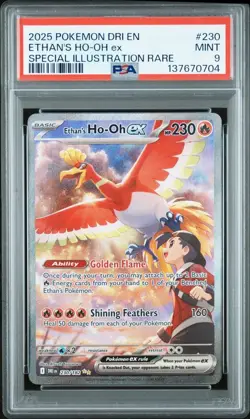 2025 POKEMON DESTINED RIVALS EN ETHAN'S HO-OH Ex SIR 230/182 PSA 9 MINT - Image 1