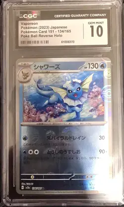 Vaporeon Pokemon 151 Japanese Reverse Holo Rare CGC Gem Mint 10 134/165 - Image 1
