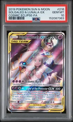 2019 Pokemon Solgaleo & Lunala GX Cosmic Eclipse Full Art #216 PSA 10 - Image 1