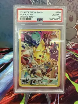 Graded 2023 PKM SWSH Pikachu FA #160 Full Art Crown Zenith Card PSA 10 Mint - Image 1