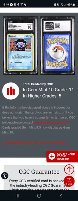 (POP 11) CGC 10 Gem Mint Pokemon Legend Maker CLAMPERL Reverse Holo 51/92 Stamp - Image 4