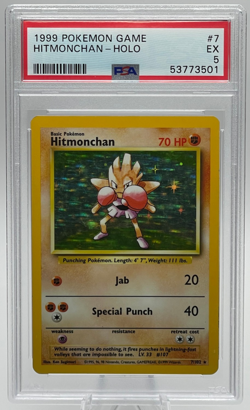 1999 POKEMON GAME #7 HITMONCHAN-HOLO BASE SET UNLIMITED PSA 5 EX - Image 1
