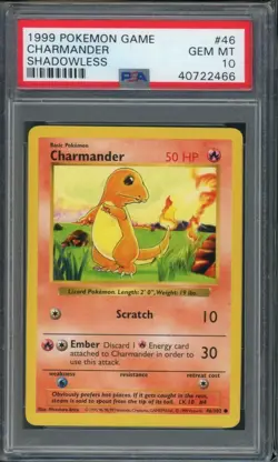 1999 POKEMON WOTC SHADOWLESS BASE SET CHARMANDER #46 PSA 10 - Image 1