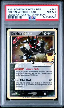 2021 POKEMON SWSH CELEBRATIONS GRENINJA GOLD STAR SWSH144 ETB PROMO HOLO PSA 8 - Image 1