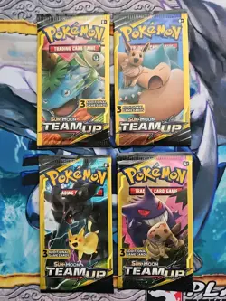 Pokemon Sun and Moon Team Up 3 Card Mini Booster Packs Complete Art Set Lot of 4 - Image 1
