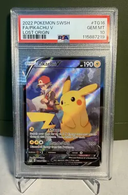 2022 POKEMON SWORD & SHIELD LOST ORIGIN #TG16 FULL ART/PIKACHU V PSA 10 - Image 1