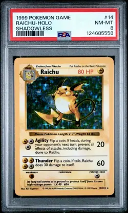 1999 POKEMON GAME SHADOWLESS #14 RAICHU-HOLO PSA 8 - Image 1