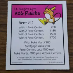 Lt Surges Gym 26 Raichu Monopoly Pokemon Collectors Ed Replacement Card - Image 1