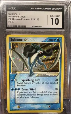 2005 Pokemon Suicune Gold Star EX Unseen Forces Holo Ultra Rare #115 CGC 10 GM - Image 1