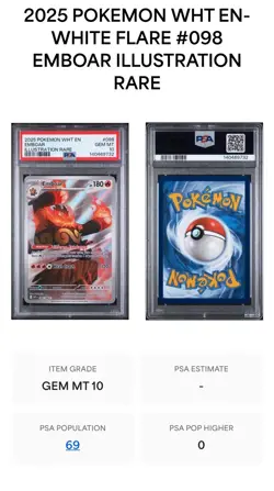 2025 POKEMON WHT EN - WHITE FLARE ILLUSTRATION RARE #098 EMBOAR PSA GEM MINT 10 - Image 3